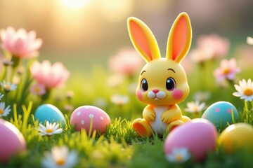 Fototapeta premium Cute Yellow Bunny in Spring Meadow Adorable Rabbit Surrounded by Colorful Eggs and Flowers for Childrens Content and Seasonal Themes