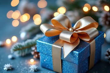 Sparkling Blue Gift Box with Golden Ribbon A Festive Present Wrapped for a Special Occasion with Bokeh Lights in the Background