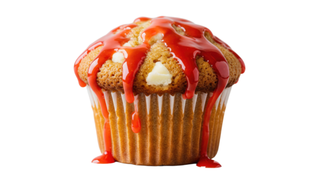 Delicious cupcake with white chocolate and red glaze dripping down