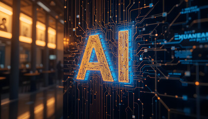 Title: Artificial Intelligence Concept with Glowing “AI” Text and Circuit Network in Office Setting, Digital Innovation in Technology and Business