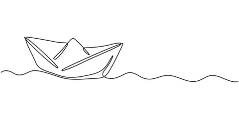 Paper boat in the sea one line art drawing, One continuous line drawing of paper boat. Origami ship concept for success leadership of business in simple linear style. Editable stroke. Doodle Vector