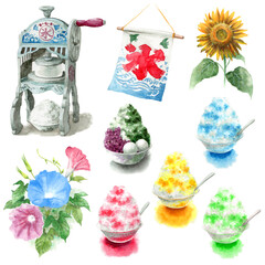 かき氷と夏の花の素材いろいろ