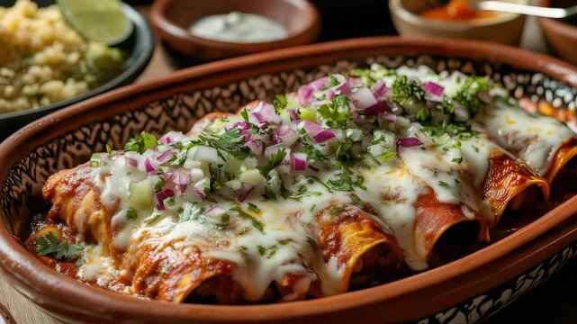 Delicious enchiladas covered with melted cheese, red onions and cilantro in traditional clay dish