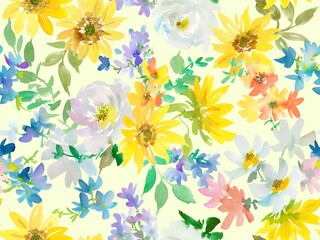 Watercolor seamless floral pattern with abstract hand painted white peonies, sunflowers and wild flowers. Botanical textile design for fabric. Floral summer wallpaper.