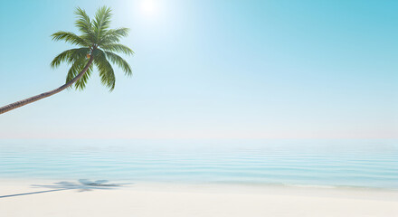 Fototapeta premium Idyllic beach scene with palm tree, sea, sand, and sunny sky for vacation