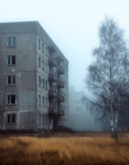 Abandoned building and tree in dense fog.