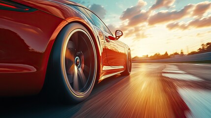 Dynamic close-up of a red sports car racing at sunset, blurred background with low angle perspective. 
