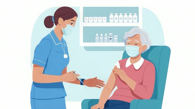 Vaccination illustration: A healthcare professional administering a vaccine shot to an elderly person, promoting health and wellness through immunization