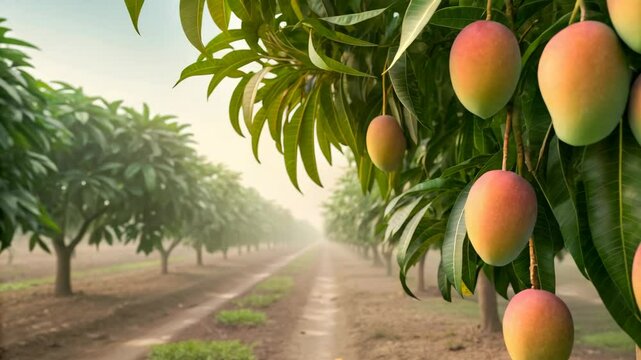 Lush Mango Orchard Rows Basking in Morning Mist A Vibrant Sunrise Scene of Ripe Mangos Hanging from Trees in a Picturesque Agricultural Setting