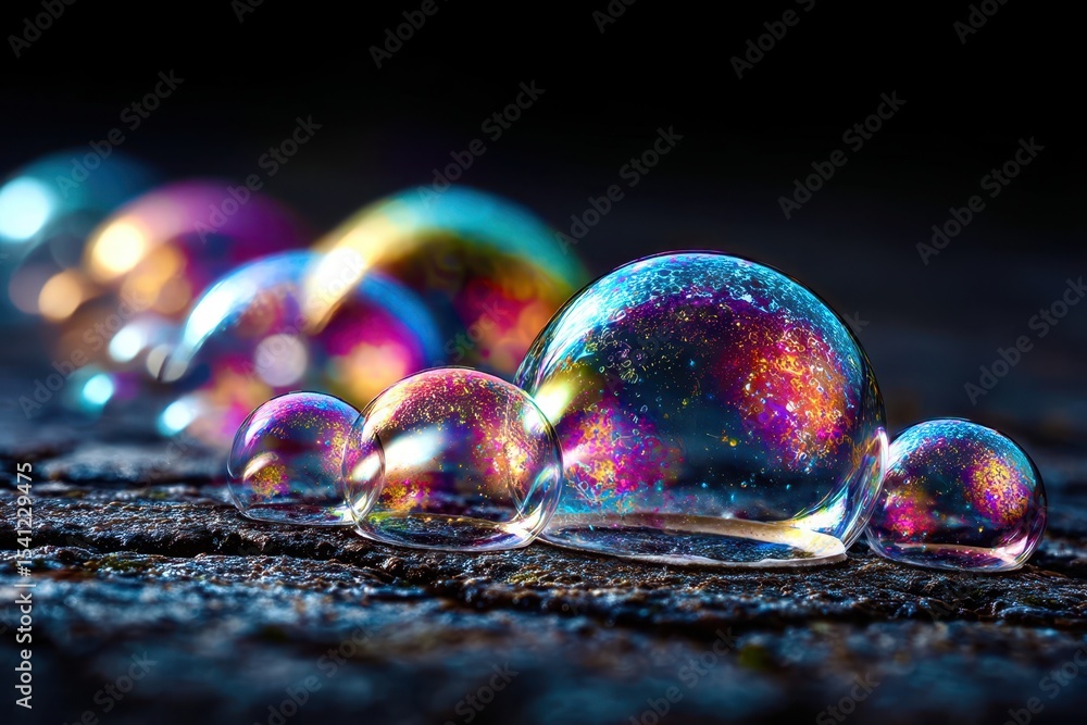 Poster a series of colorful bubbles on a dark surface