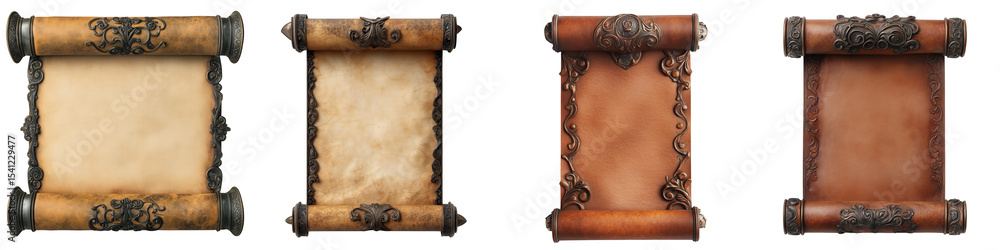 Poster ancient scrolls: a set of aged, rolled parchment scrolls with ornate detailing, evoking a sense of h