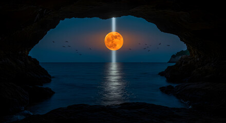 Magical Full Moon Rising Over the Sea, Viewed from a Cave's Entrance
