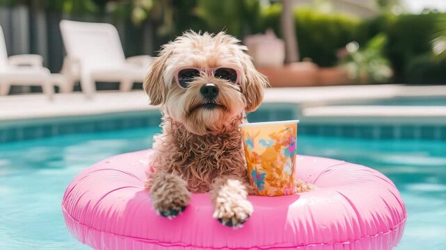 Dog relaxing in swimming pool with sunglasses and drink on pink float