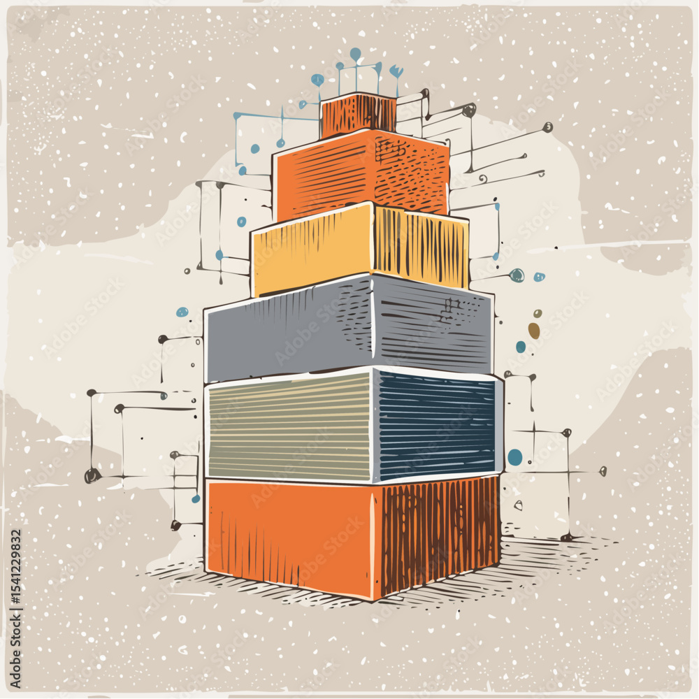 Poster a graphic abstract vector with stacked rectangles and fragmented grids in a layered three-tone compo