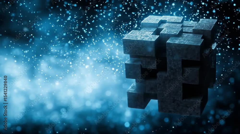 Poster cubic structure floating within blue bokeh, dark backdrop