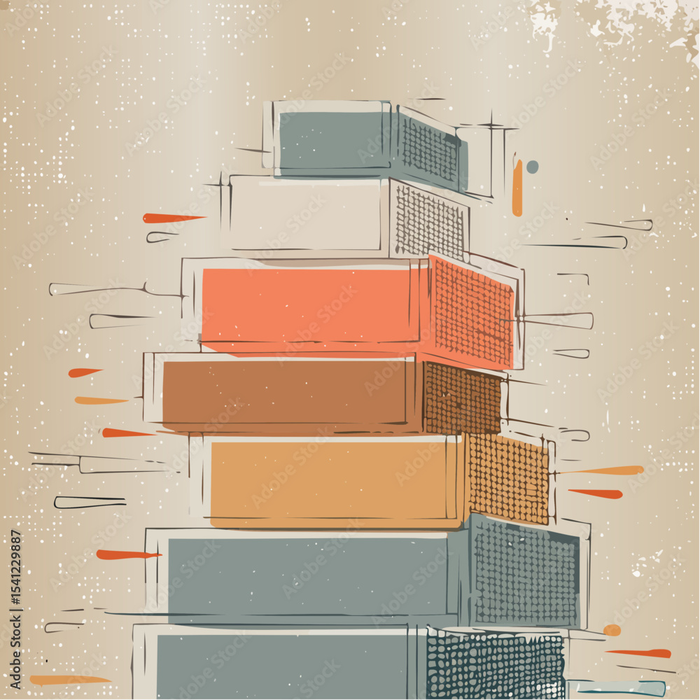 Poster a graphic abstract vector with stacked rectangles and fragmented grids in a layered three-tone compo