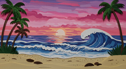 Obraz premium Paper Cutout Artwork of a Sunset over the Ocean, Palm Trees, and Waves