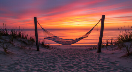 Obraz premium Peaceful sunrise hammock on the beach