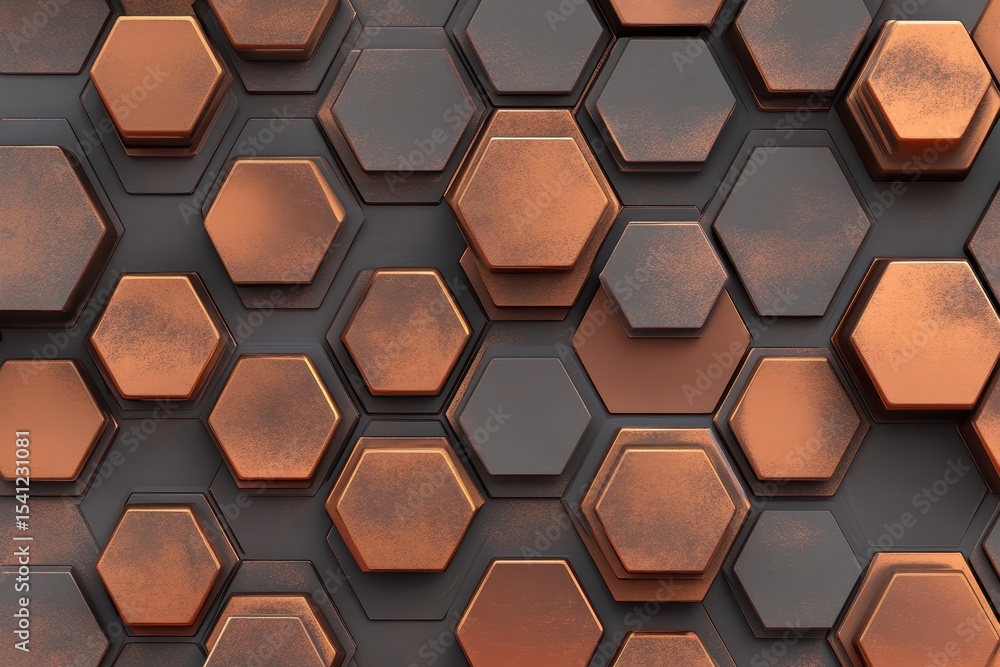 Poster colorful hexagons arranged in an abstract honeycomb pattern with varying shades of brown and copper 