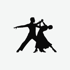 Silhouette of elegant ballroom dancers in motion. Male in suit, female in flowing dress, captured in a graceful pose. Perfect for dance, romance, and artistic vector projects.