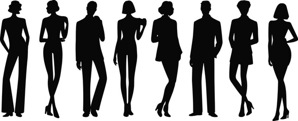 Silhouette collection of stylish female and male models in various poses, fashion illustration, perfect for design, fashion, and business concepts.