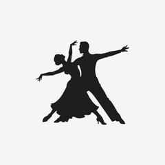 Silhouette of elegant ballroom dancers in motion. Male in suit, female in flowing dress, captured in a graceful pose. Perfect for dance, romance, and artistic vector projects.
