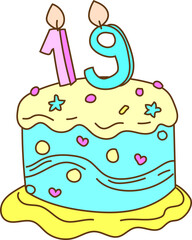 number 19 birthday cake vector icon for birthday party, celebration card or festive sweet design