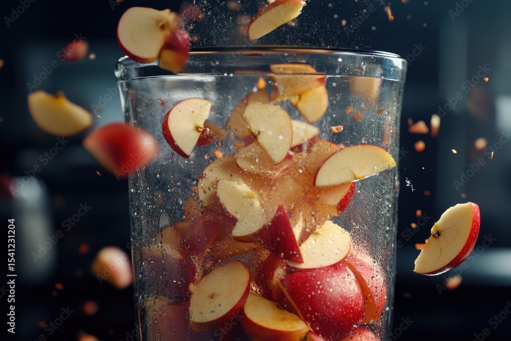Poster apple slices descend into a blender in ultra slow motion showcasing vibrant colors and textures, app