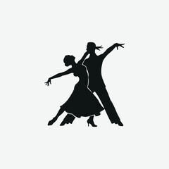Silhouette of elegant ballroom dancers in motion. Male in suit, female in flowing dress, captured in a graceful pose. Perfect for dance, romance, and artistic vector projects.