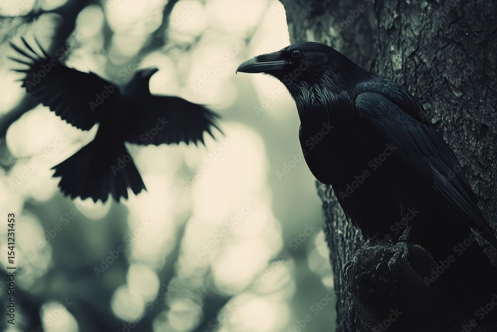 Poster raven perched in tree with another flying nearby in slow motion, raven perched in tree and one flyin