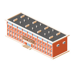 Isometric illustration of a city hall or town hall building with a red brick facade and flat roof. Building isolated on white background.