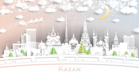 Fototapeta premium Kazan. Russia. Winter city skyline in paper cut style with snowflakes, moon and neon garland. Christmas and new year concept. Santa Claus on sleigh. Kazan cityscape with landmarks.