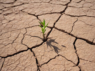 small green sprout emerging from cracked dry soil under sunlight