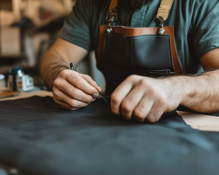 Craftsman stitching leather with precision, showcasing skill and attention to detail in workshop setting. focus on hands highlights artistry involved in leatherwork