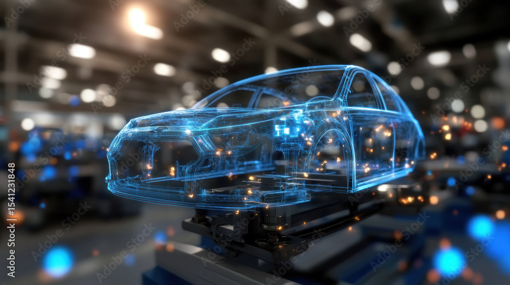 Poster futuristic schematic overlay of car assembly process, showcasing transparent vehicle model in high t