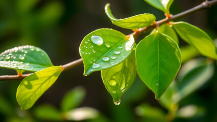 Obraz premium Fresh Morning Dew on Green Leaves