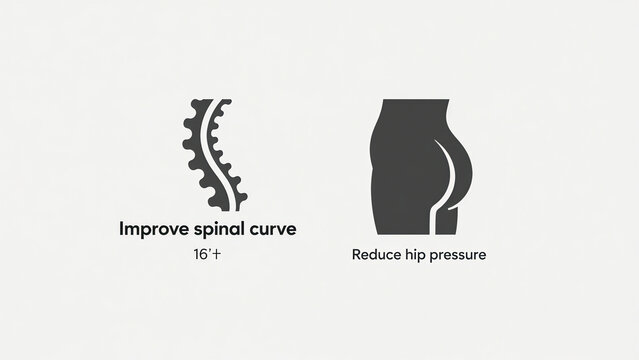 The spinal curve and hip pressure icon represent the improvement of spinal curve and the reduction of hip pressure, suitable for spinal conditioning and posture optimization scenarios.