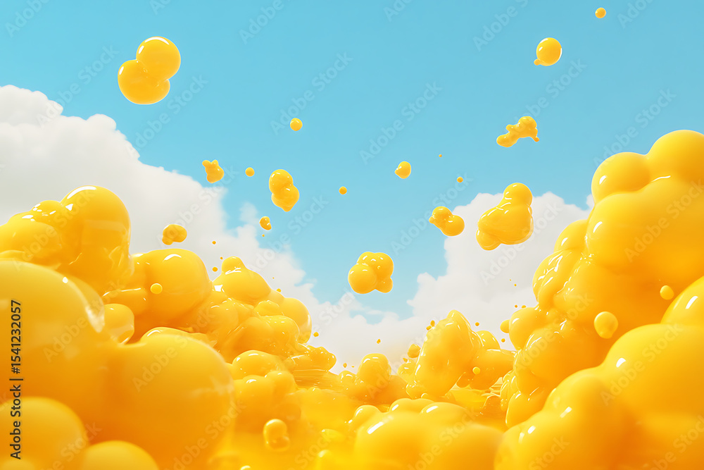 Aufkleber vibrant yellow blobs floating in a bright blue sky with fluffy white clouds in the background