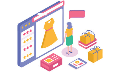 Online dress shopping isometric illustration isolated on white background