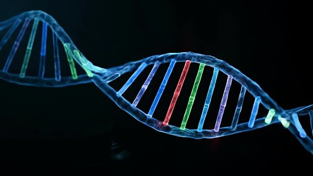 A DNA double helix model with colorful segments on a dark background