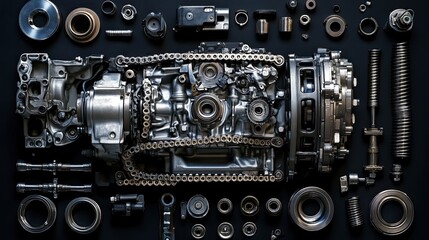 Fototapeta premium Disassembled car engine with exposed timing chain and gears, undergoing maintenance and repair. 