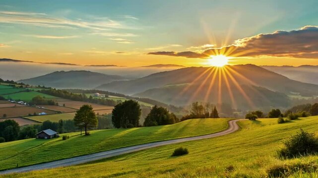 Sunset over hills with a road winding through green pastures
