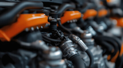 Fototapeta premium High resolution image of automotive engine showcasing intricate components and vibrant orange accents. focus highlights precision engineering and modern design of machinery, evoking sense