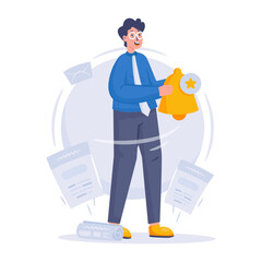 A man holding a bell for message notification vector illustration