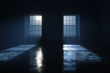 Two windows illuminate a dark room with moonlight. Ocean view outside the windows, creating eerie yet peaceful ambiance.