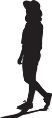 silhouette of a young lady in a wide-brimmed hat walking slowly, isolated plain white background