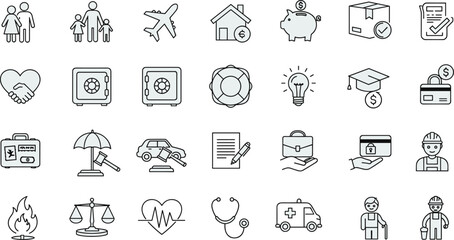 Insurance related icon set, vector black line symbols, healthcare, safety, finance, travel, policy, protection, risk