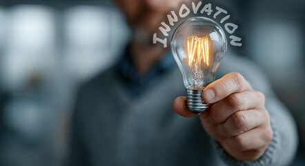 A businessman holds a glowing light bulb in his hand, symbolizing innovation, creativity, and visionary thinking—key elements driving business growth and success.