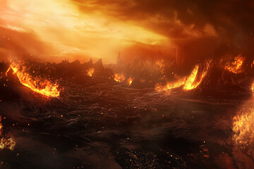 Hellish desert, underworld abstract background with fire and sparks..