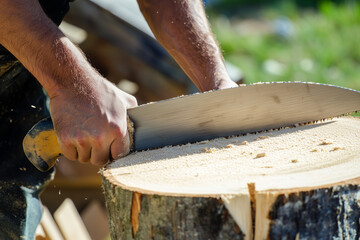 Carpenter sawing wood with saw close up background..